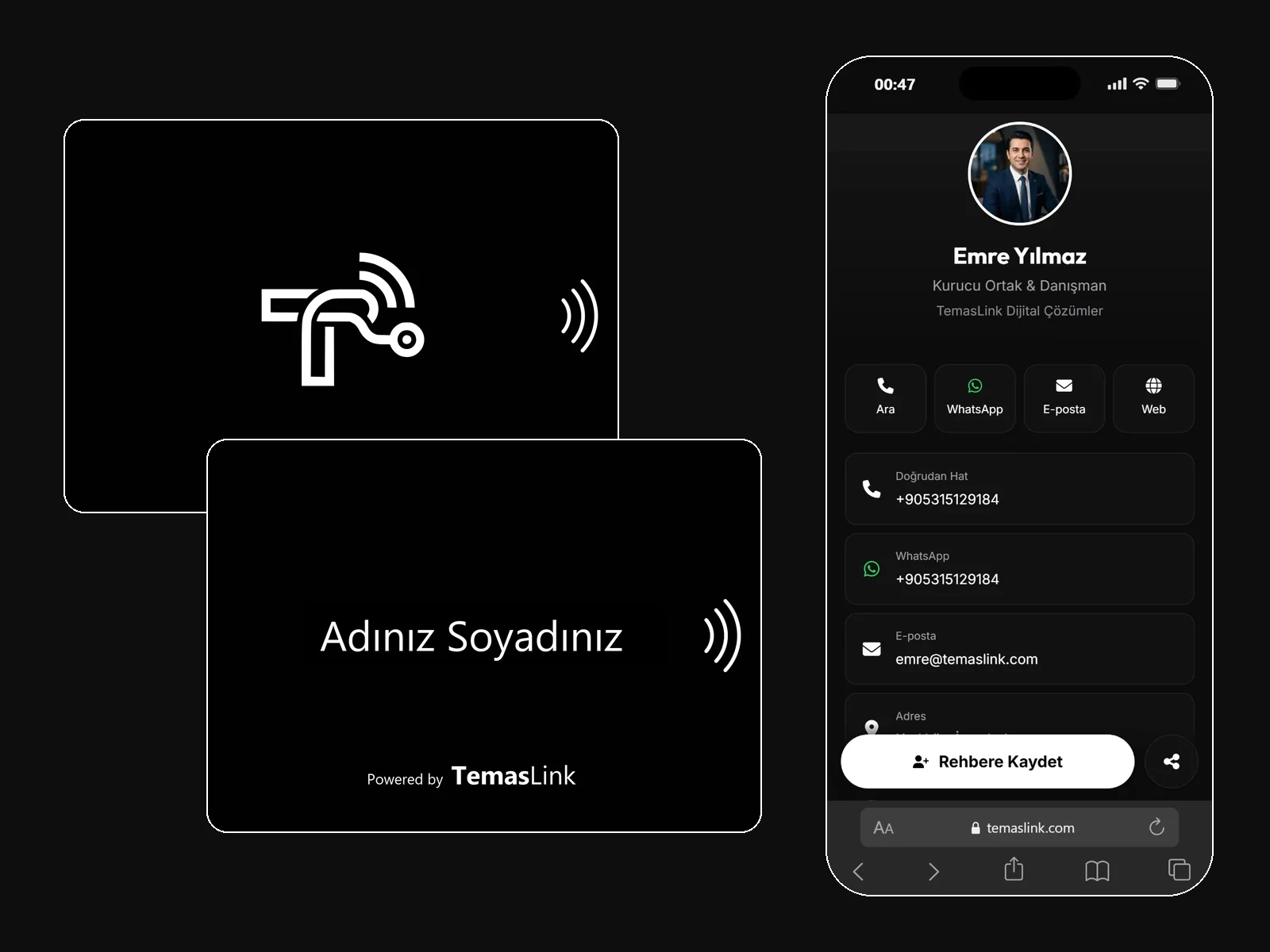 Mat siyah NFC kartvizitin ön ve arka yüzü, yanında telefonda açılan dijital kartvizit profili