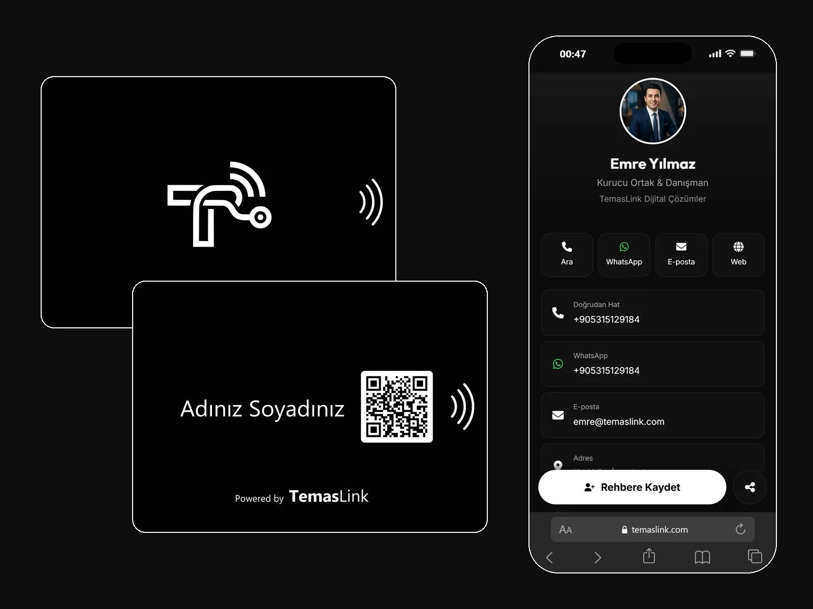 Arka yüzünde ad ve QR kod bulunan mat siyah NFC kartvizit, yanında telefonda açılan dijital profil
