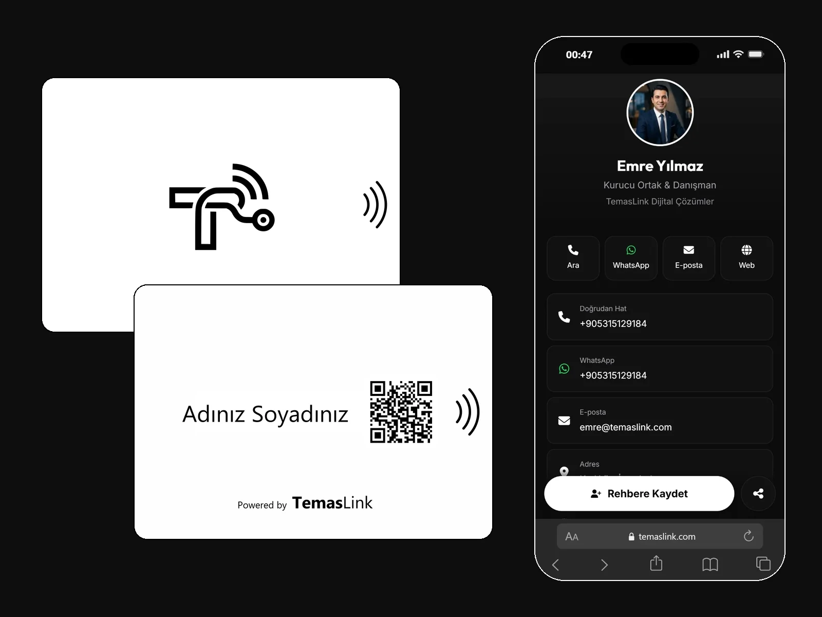 Arka yüzünde ad ve QR kod bulunan beyaz NFC kartvizit, yanında telefonda açılan dijital profil