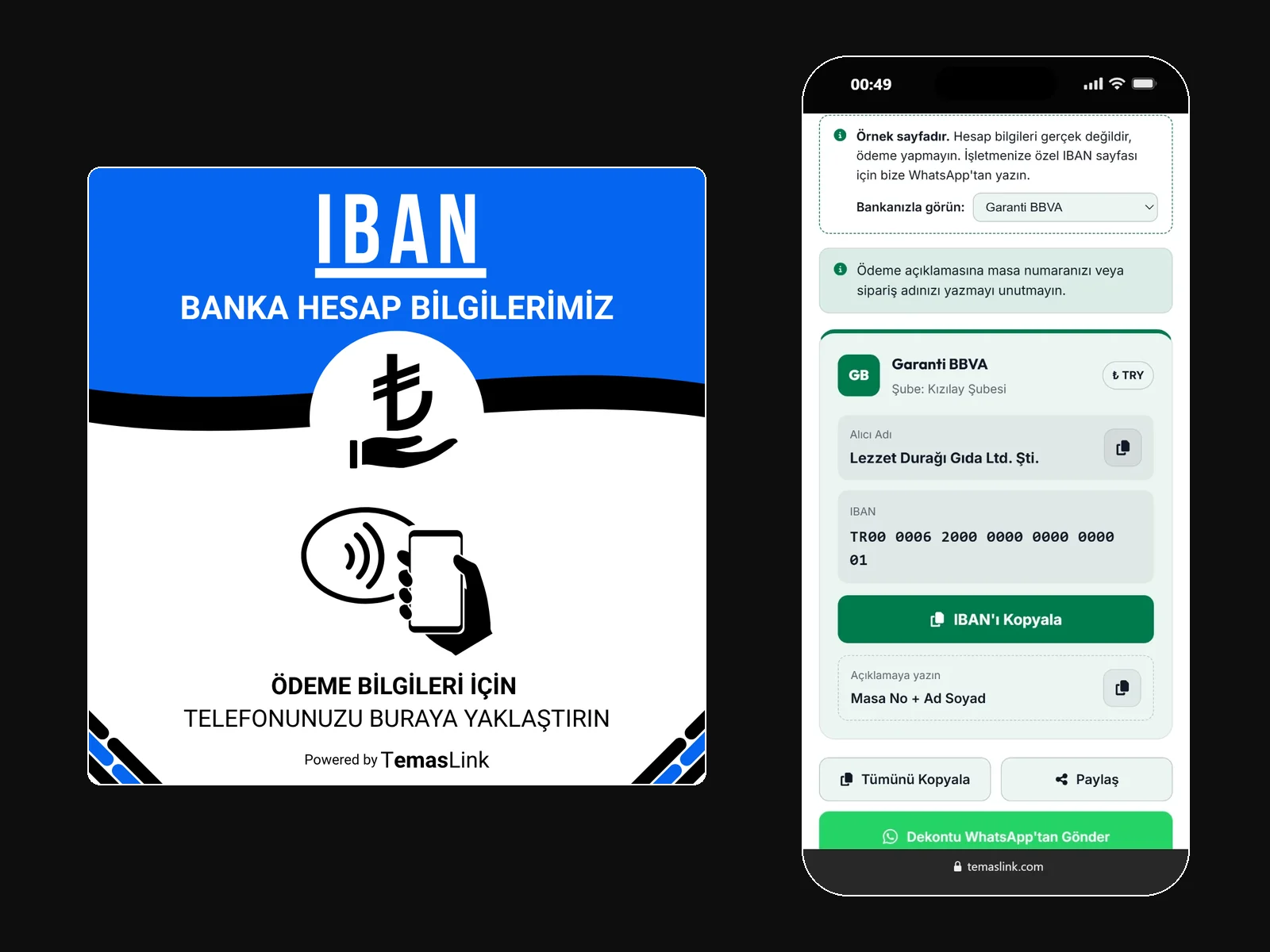 IBAN ödeme kartı ve telefonda açılan banka hesabı sayfası