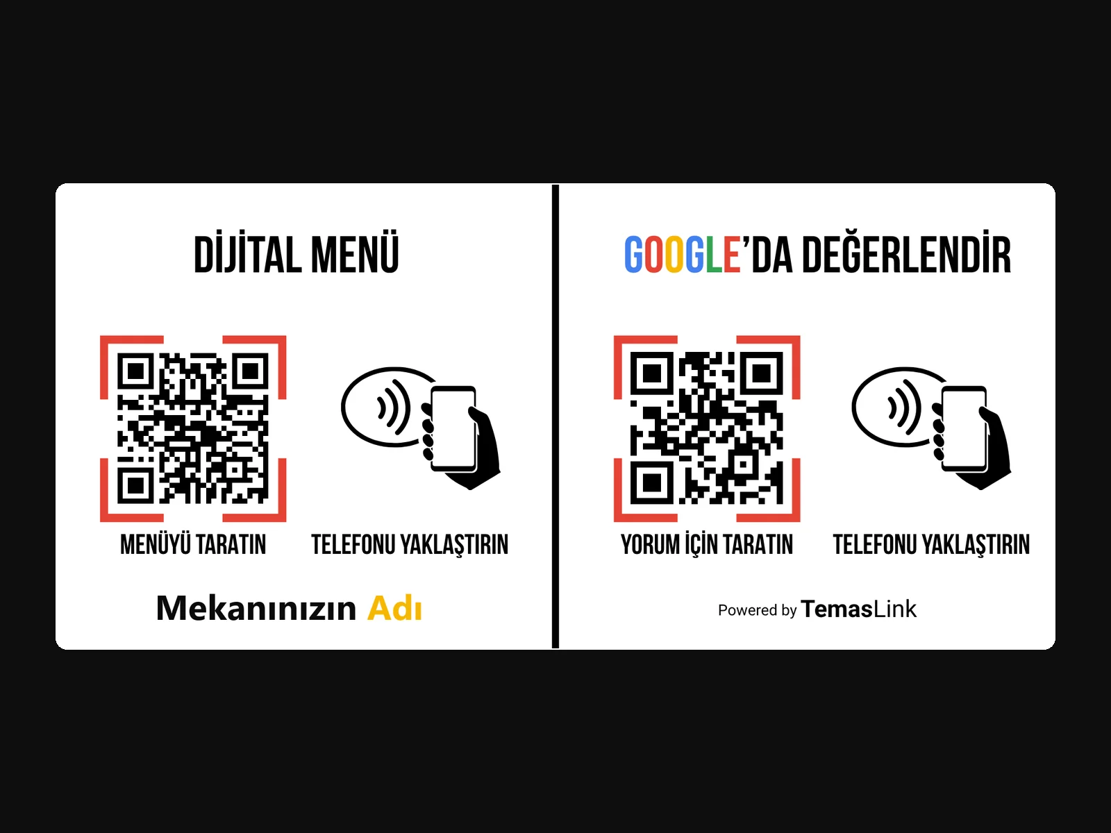 İki bölümlü masa kartı: solda dijital menü, sağda Google yorumu için QR kod ve NFC alanı